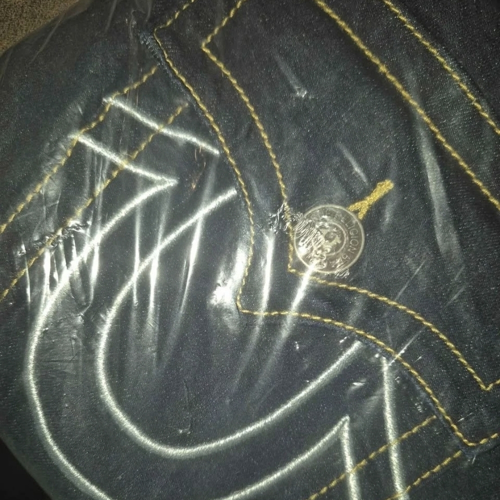 True Religion Men's Dark Blue Jeans with Yellow Contrast Stitching